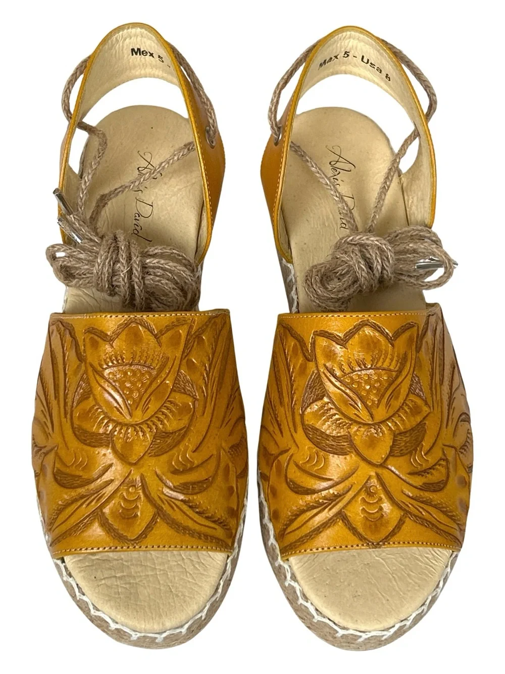 Rare Alexis David Hand Tooled Artisan Leather Espadrille Sandals - 8 - Yellow